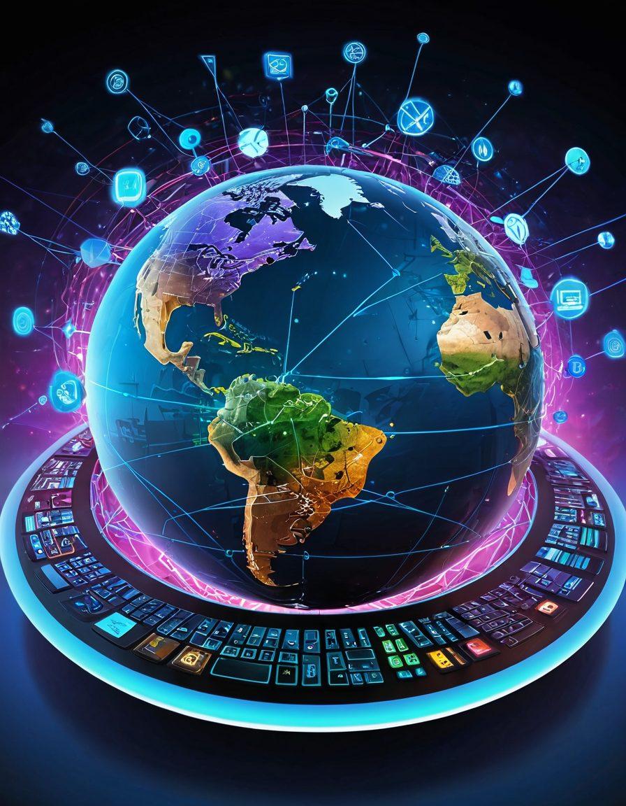 A futuristic depiction of a digital globe interconnected with networks, featuring symbolic representations of international trade like cargo ships and airplanes. Visualize diverse cultures collaborating through technology with symbols like laptops and smartphones, all set against a vibrant digital backdrop. Include elements like currency symbols and barcodes blending into the global network. super-realistic. vibrant colors. cyberpunk.