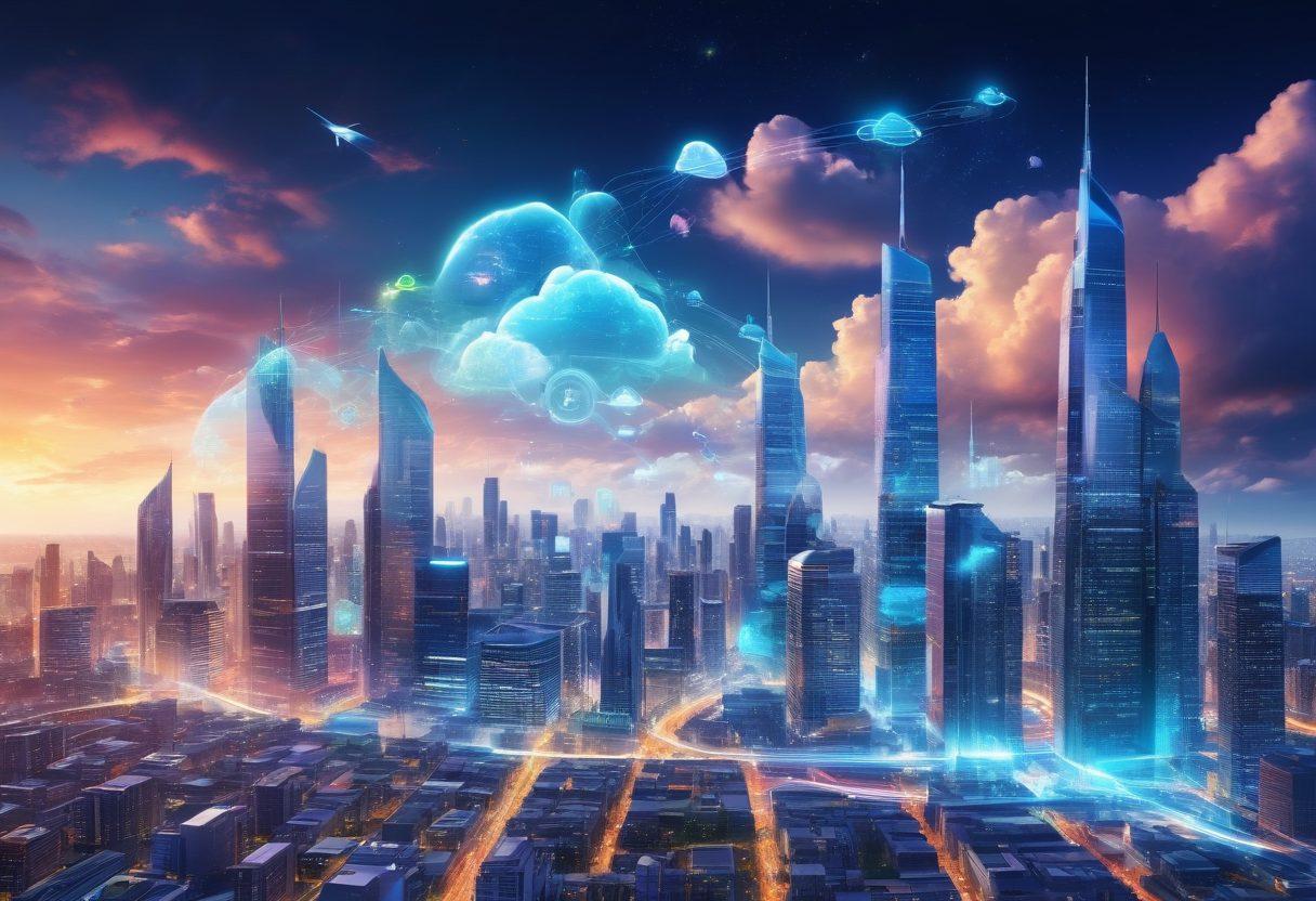 A futuristic city skyline intertwined with digital cloud computing icons, representing global connectivity and online businesses thriving. Showcase a diverse group of professionals collaborating over digital screens, with elements of technology like servers and satellites in the background. Incorporate vibrant colors and a dynamic layout to convey innovation and progress. super-realistic. vibrant colors. 3D.