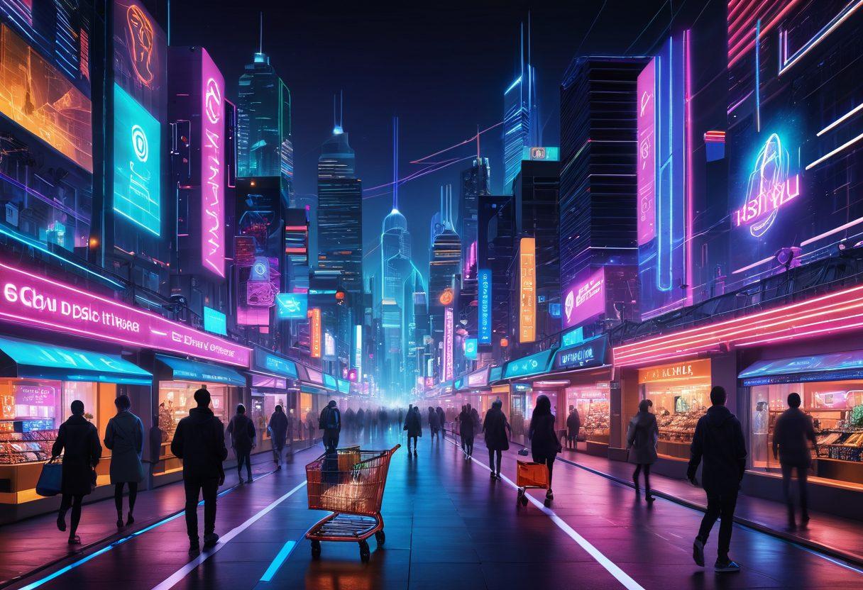 A futuristic cityscape showcasing vibrant digital networks and e-commerce symbols like shopping carts and digital currencies connecting various buildings. Include diverse people using devices to shop online, and global landmarks in the background representing international trade. The scene should be illuminated with neon colors and dynamic lines symbolizing connectivity. super-realistic. vibrant colors. cyberpunk.